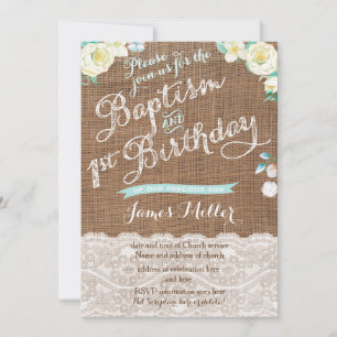 Aqua White Taufe und 1. Geburtstag Einladungen