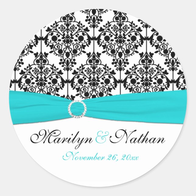 Aqua, White und Black Damask 1,5" Rundaufkleber Runder Aufkleber (Vorderseite)