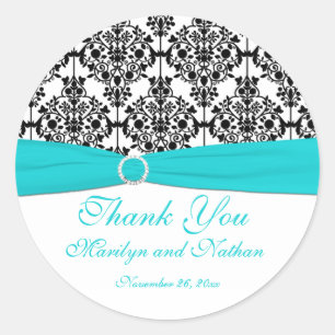 Aqua, White und Black Damask 3" Rundaufkleber Runder Aufkleber