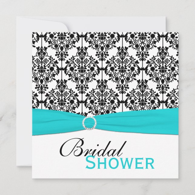 Aqua, White und Black Damask Brautparty laden Einladung (Vorderseite)