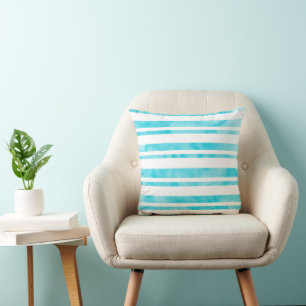 Aqua White Watercolor Streifen Kissen