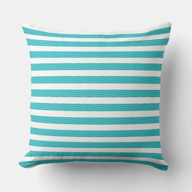 Aqua | White Waves Stripes Beach Style Muster Kissen (Vorderseite)