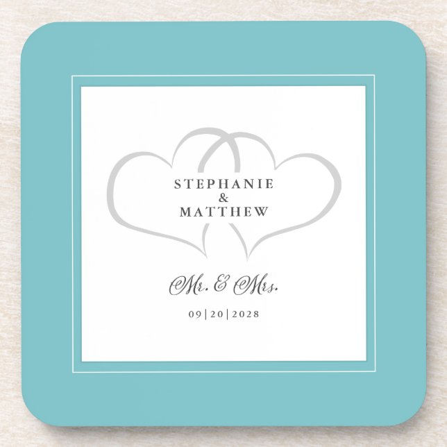 Aqua White Wedding Mr & Mrs Elegant Chic Hearts Getränkeuntersetzer (Vorderseite)
