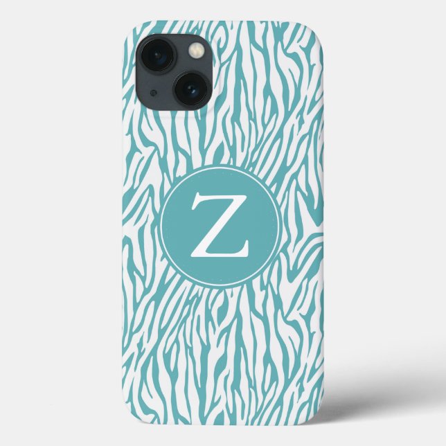 Aqua White Zebra Print Monogram Case-Mate iPhone Hülle (Rückseite)