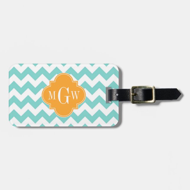 Aqua WhZickzack Cantaloupe Quatrefolie 3 Monogramm Gepäckanhänger (Vorderseite horizontal)