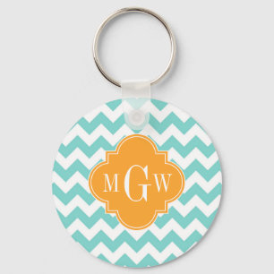 Aqua WhZickzack Cantaloupe Quatrefolie 3 Monogramm Schlüsselanhänger