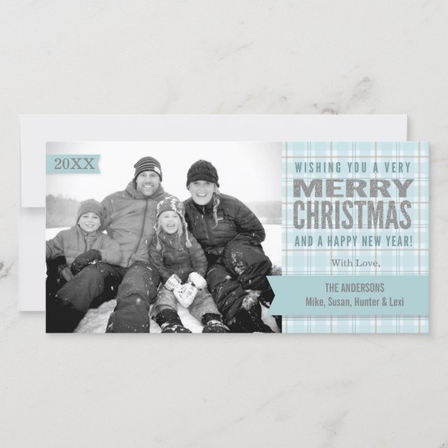 Aqua Winter Plaid Joyeux Carte photo de Noël (Devant)