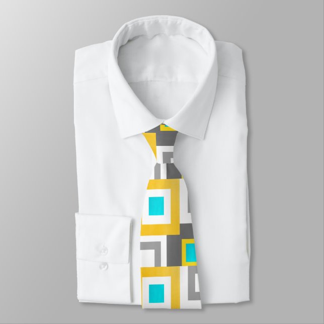 Aqua Yellow Grey Geometric Squares Muster Krawatte (Gebunden)