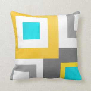 Aqua Yellow Grey White Geometric Squares Kissen