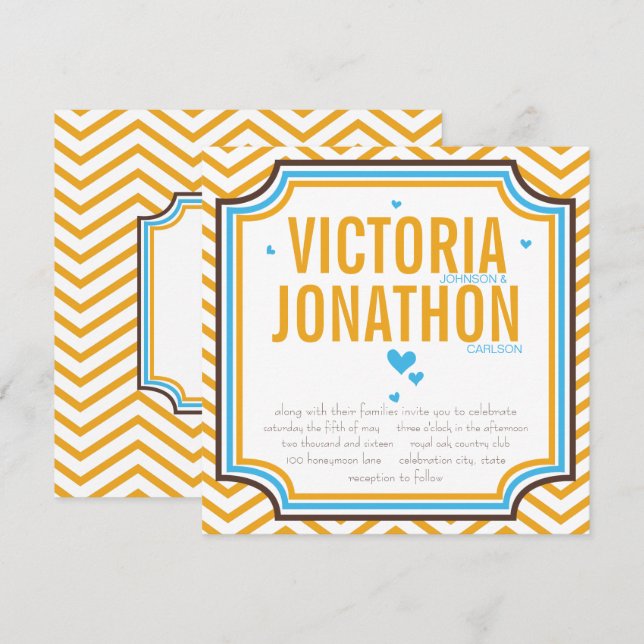 Aqua Yellow Modern Zig Zag Typografy Wedding Einladung (Vorne/Hinten)