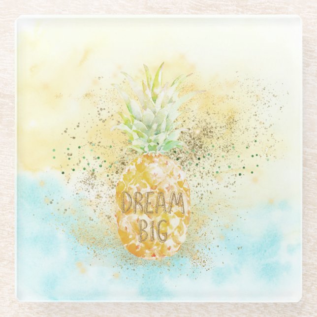 Aqua Yellow Pineappa Goldener Traum Glitz Glasuntersetzer (Vorderseite)
