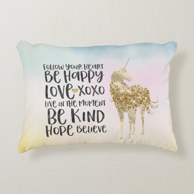 Aqua Yellow Pink Wasserfarbe Inspiration Einhorn Dekokissen (Vorderseite)