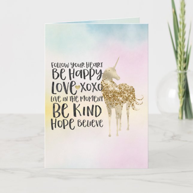 Aqua Yellow Pink Wasserfarbe Inspiration Einhorn Karte (Vorderseite)