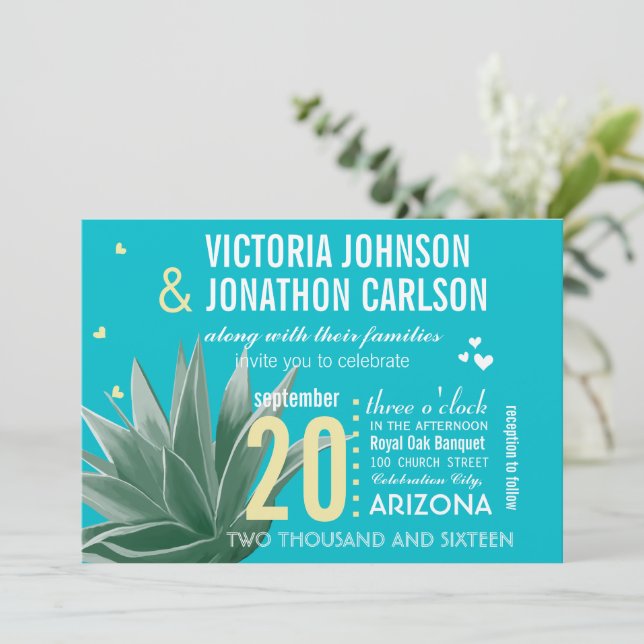 Aqua Yellow Succulent ModernTypografy Wedding Einladung (Stehend Vorderseite)