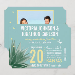 Aqua Yellow Sukkulent Typografy Wedding Einladung