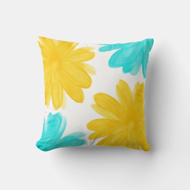 Aqua Yellow Watercolor Blume Kissen (Vorderseite)