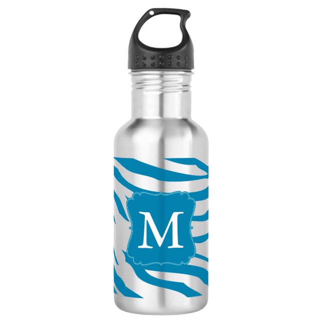 Aqua Zebra Print Monogram Trinkflasche (Vorderseite)
