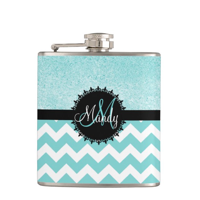 Aqua-Zickzack Glitzer-Monogramm-Flasche Flachmann (Vorderseite)