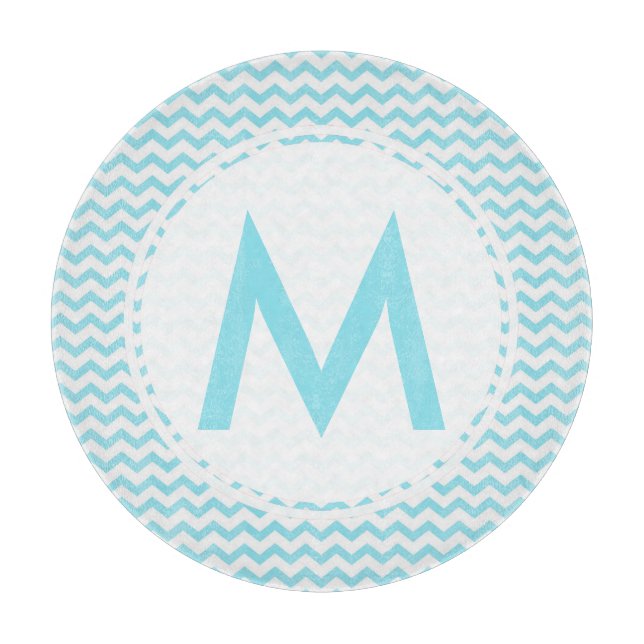 Aqua Zickzack Monogram Glas Cutting Board 12" Schneidebrett (Vorderseite)