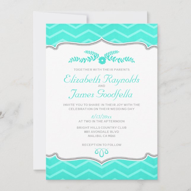 Aqua Zigzag Hochzeit Einladungen (Vorderseite)