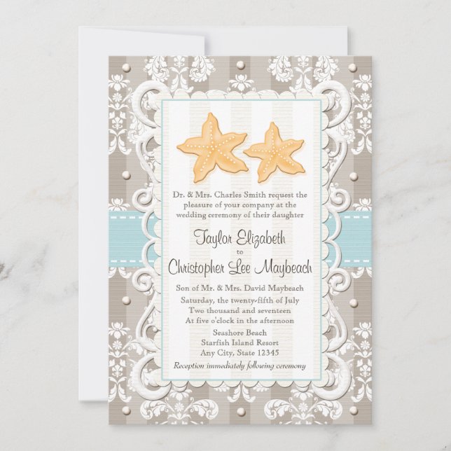 Aquablaue Starfish-Hochzeits-Einladungen Einladung (Vorderseite)