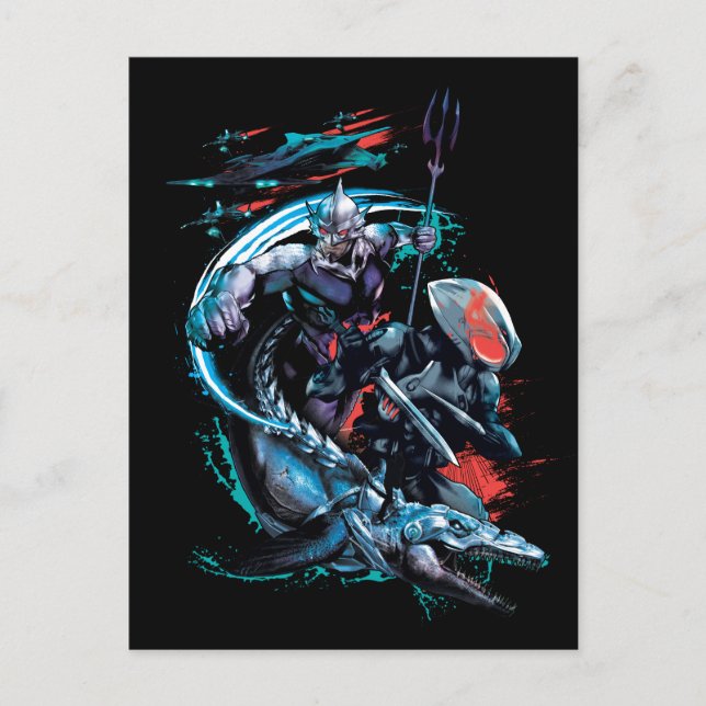 Aquaman | Orm, Schwarzer Manta, Tylosaur, & Schiff Postkarte (Vorderseite)