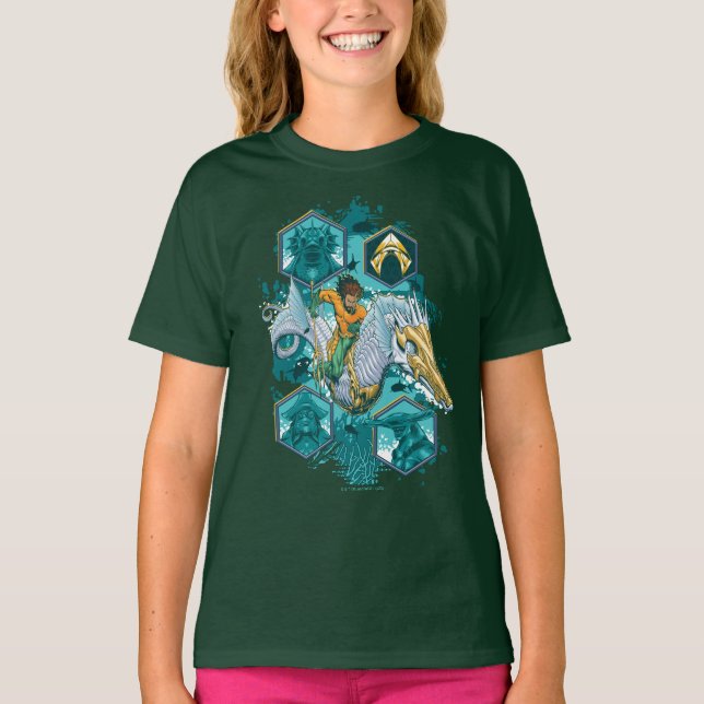Aquaman Riding Seepferd über Kingdoms T-Shirt (Vorderseite)