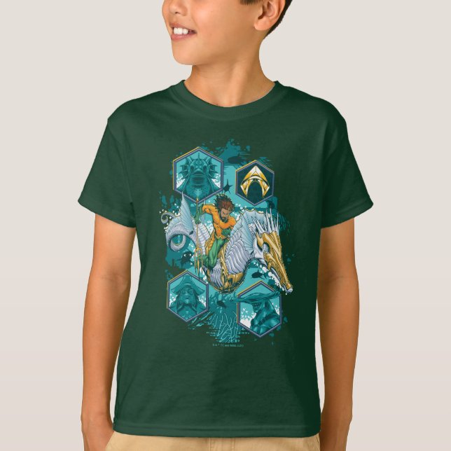 Aquaman Riding Seepferd über Kingdoms T-Shirt (Vorderseite)