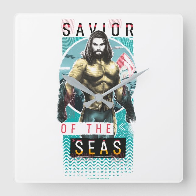 Aquaman | "Savior Of The Seas" Modernist Graphic Quadratische Wanduhr (Vorderseite)
