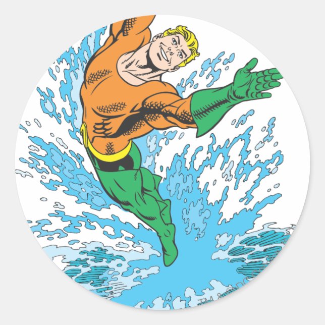 Aquaman springt in Wellen Runder Aufkleber (Vorderseite)