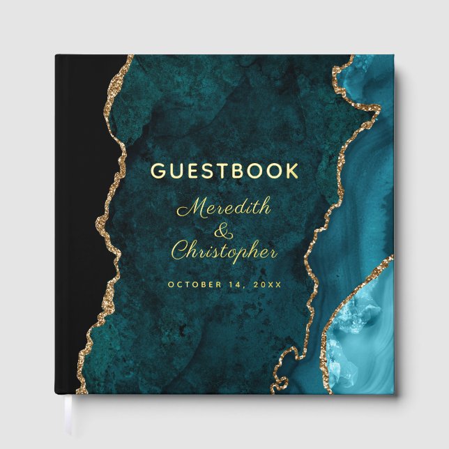 Aquamarin Agate Wedding Gold Gästebuch (Vorderseite)