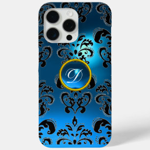 AQUAMARIN AQUA BLUE BLACK DAMASK GEMSTONE MONOGRAM iPhone 15 PRO MAX HÜLLE