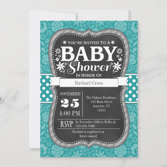 Aquamarin Aqua Blue Chalkboard Floral Baby Dusche Einladung (Vorderseite)
