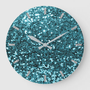 Aquamarin Aqua Blue Funkelnd Imitate Glitzer Grau Große Wanduhr