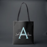 Aquamarin Aqua Blue Girly Script Monogram Name Mod Tasche<br><div class="desc">Schwarz und Aquamarin Aqua Blue Elegant Fügen Sie Ihren eigenen Namen Monogram Book Bag. Diese Büchertasche kann auf Ihren Vor- und Vornamen angepasst werden und als Geschenk für Weihnachten,  Geburtstag,  Brautparty oder Hochzeit.</div>