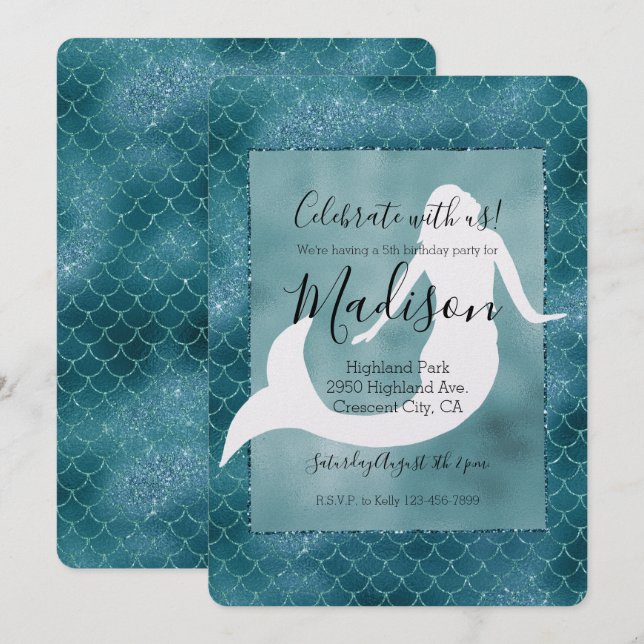 Aquamarin Aqua Blue Glitzer Sparkle Meerjungfrau Einladung (Vorne/Hinten)