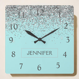 Aquamarin Aqua Blue Silver Glitzer Girl Monogram N Quadratische Wanduhr