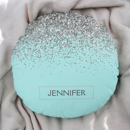 Aquamarin Aqua Blue Silver Glitzer Girl Monogram N Rundes Kissen