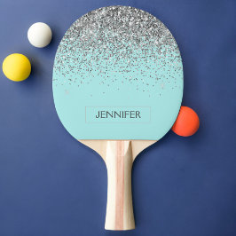 Aquamarin Aqua Blue Silver Glitzer Girl Monogram N Tischtennis Schläger