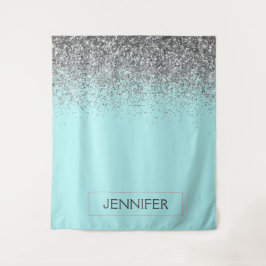 Aquamarin Aqua Blue Silver Glitzer Girl Monogram N Wandteppich