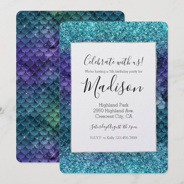 Aquamarin Aqua Lila Mermaid Sparkle Glitzer Einladung (Vorne/Hinten)