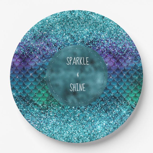 Aquamarin Aqua Lila Mermaid Sparkle Glitzer Pappteller (Vorderseite)