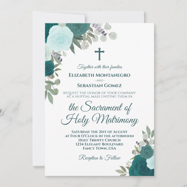 Aquamarin & Aqua Rose Moderne katholische Hochzeit Einladung (Vorderseite)