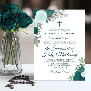 Aquamarin & Aqua Rose Moderne katholische Hochzeit Einladung