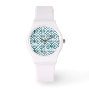 Aquamarin auf weißem ethnischem Muster, Blume, Che Armbanduhr