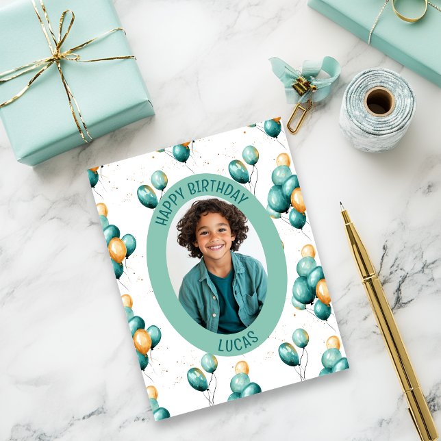 Aquamarin Balloons Muster Foto Karte (Teal faux gold balloons birthday card)