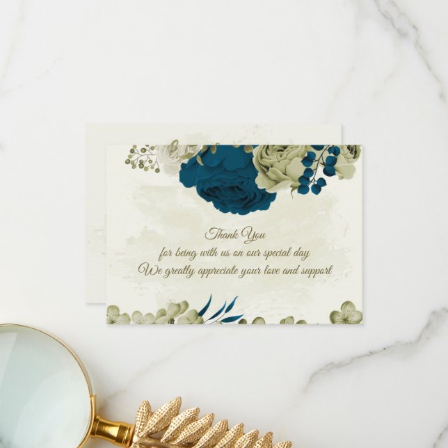 aquamarin-beige-Blume botanische Hochzeit Dankeskarte (Vorderseite/Rückseite Beispiel)