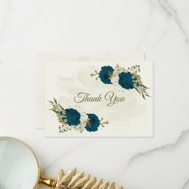 aquamarin-beige-Blume botanische Hochzeit Dankeskarte (Vorderseite/Rückseite Beispiel)