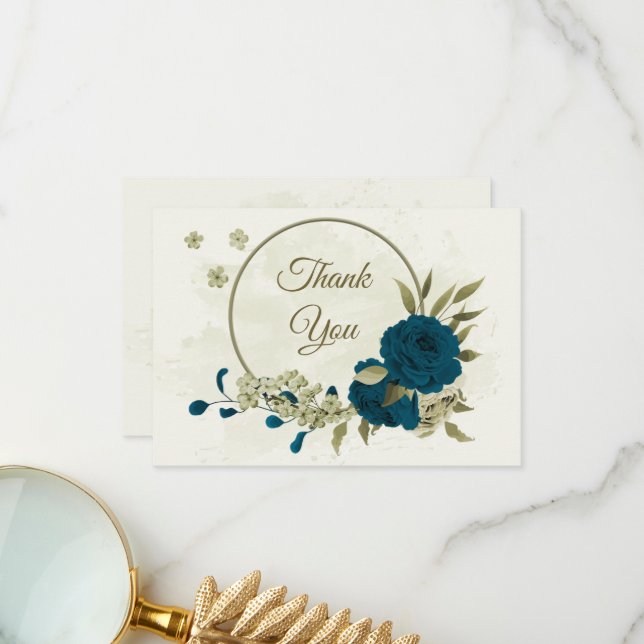 aquamarin-beige-Blume botanische Hochzeit Dankeskarte (Vorderseite/Rückseite Beispiel)