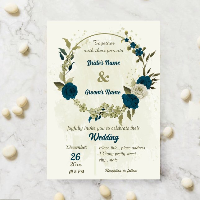 aquamarin-beige-Blume botanische Hochzeit Einladung (Von Creator hochgeladen)